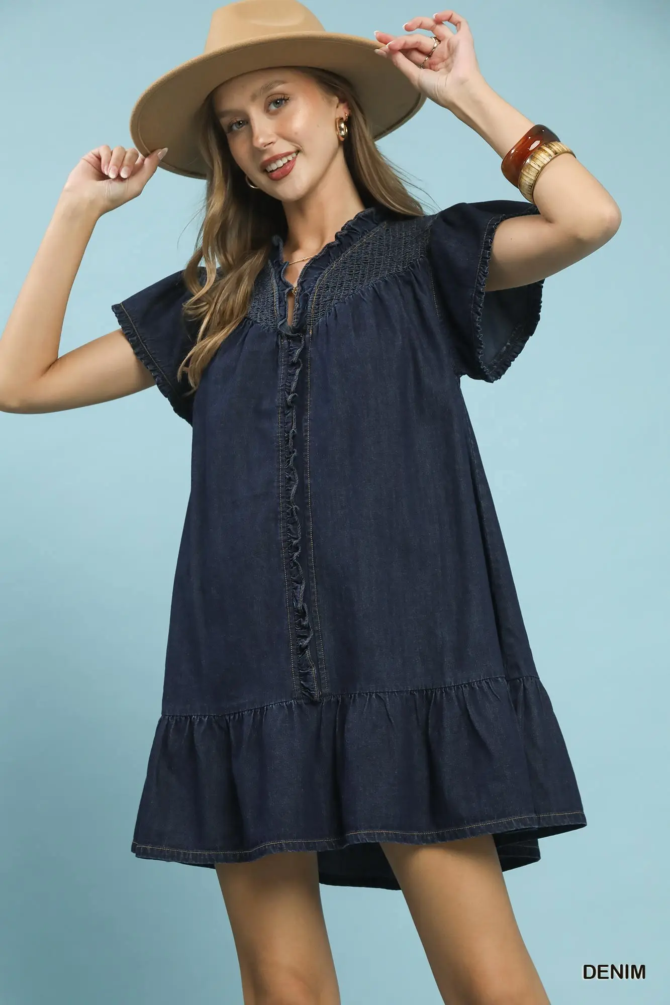 Morgan Denim Smocked Mini Dress