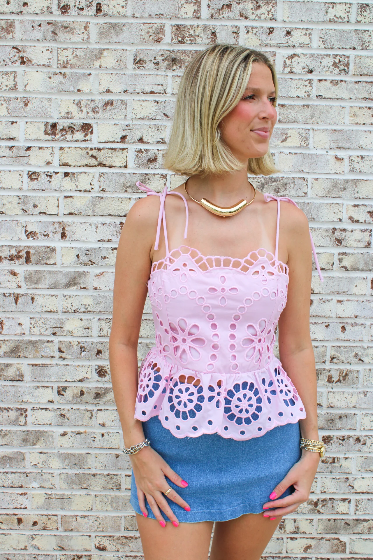 Eyelet Peplum Tie Tank Top - Image 5