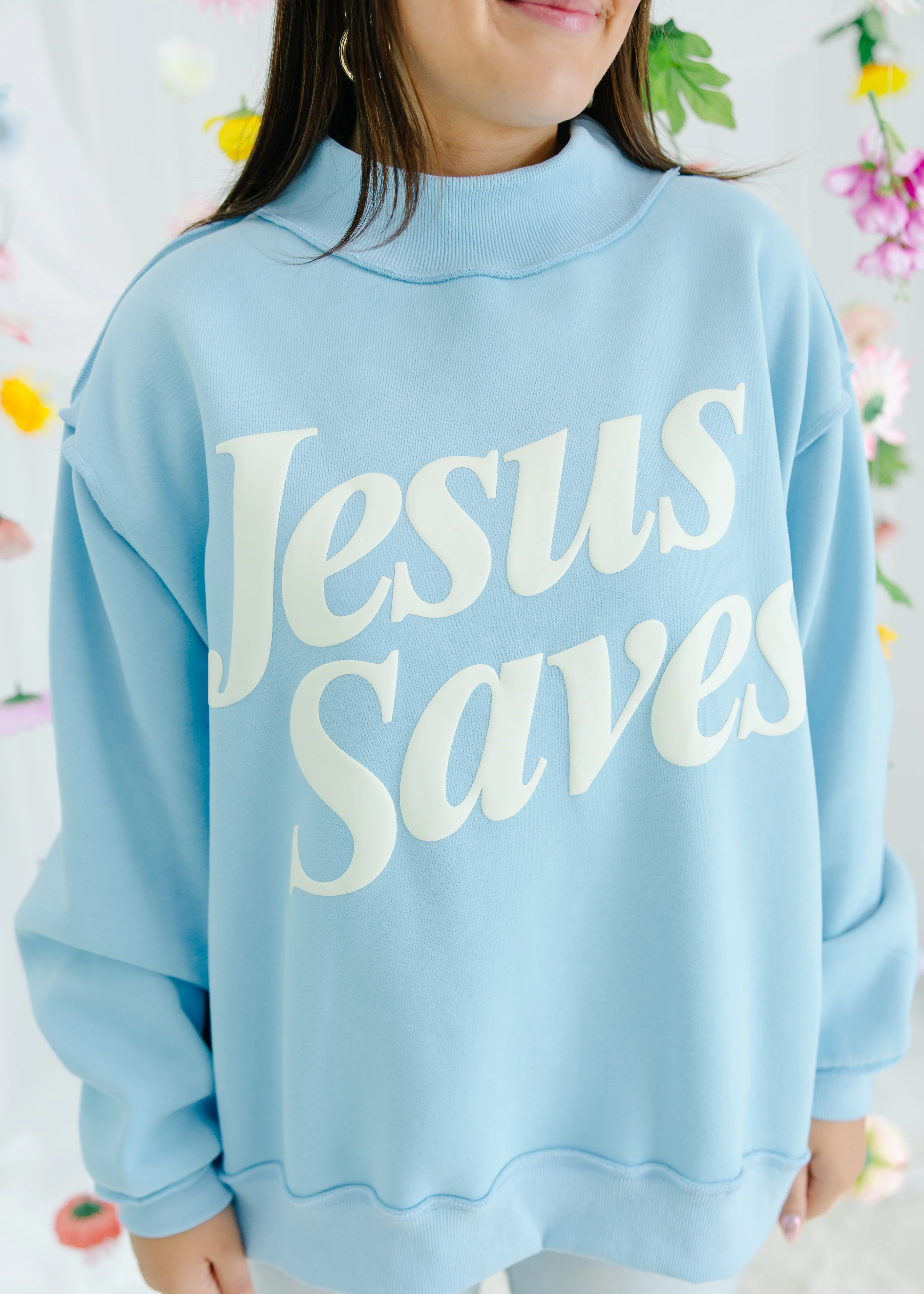 Jesus Saves Print Mock Neck Sweatshirt - Image 3
