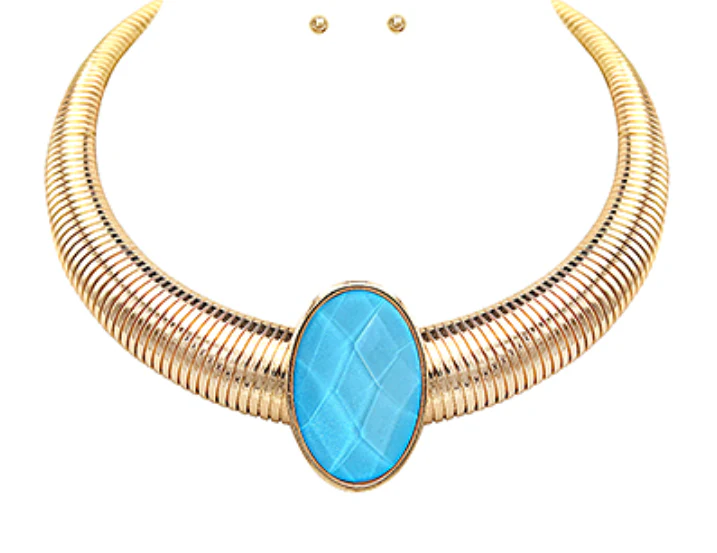 Oval Stone Omega Chain Statement Necklace Set - Image 4