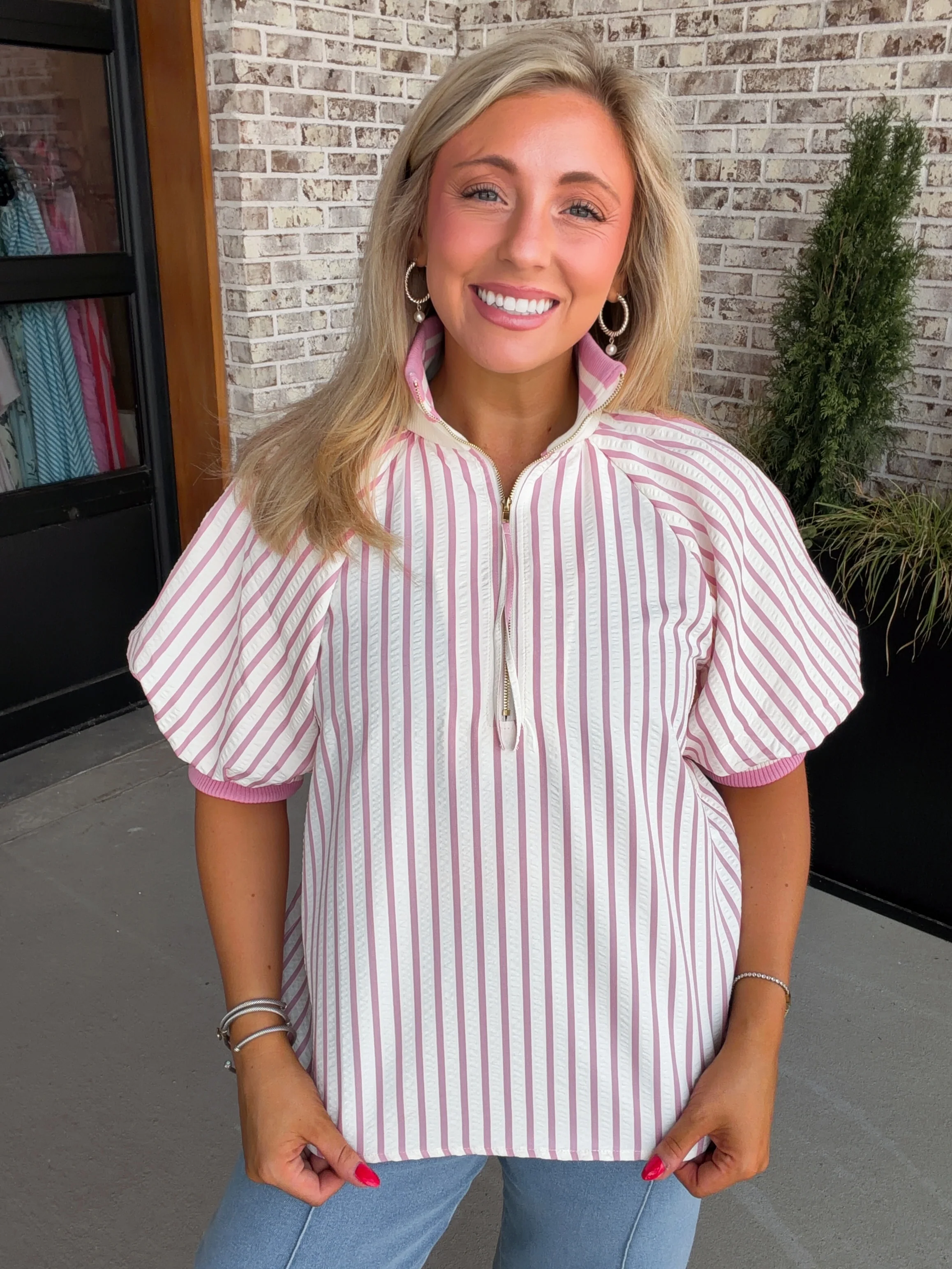 Seersucker High Collar Popover Blouse - Image 5
